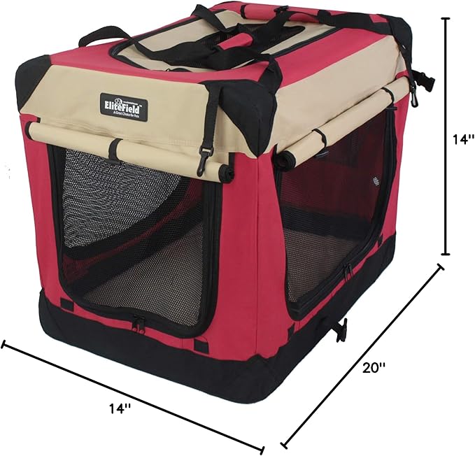 EliteField 4-Door Folding Soft Dog Crate with Curtains, Carrying Bag and Fleece Bed (2 Year Warranty), Indoor & Outdoor Pet Home (20" L x 14" W x 14" H, Red+Beige)