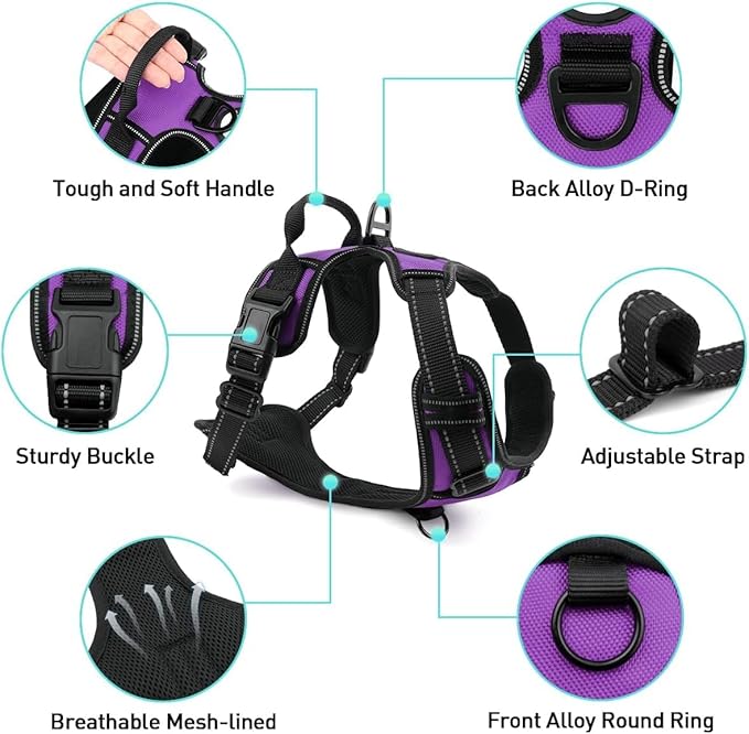 Joytale No Pull Dog Harness for Small Dogs, Reflective Pet Vest with Front Clip, Adjustable Soft Padded Harnesses with Easy Control Handle for Training and Walking, Purple, S