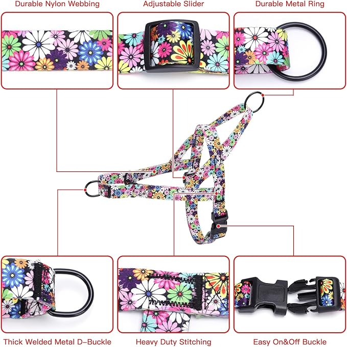 No Pull Dog Harness for Small, Medium, and Large Pets - Floral Pattern Nylon Safety Training Dog Harness (M, Daisy)