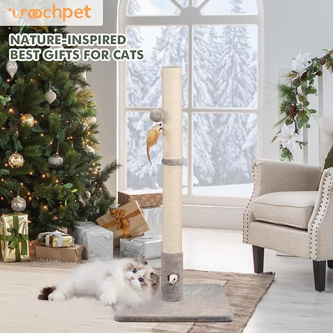 34‘’ Tall Cat Scratching Post with Premium Sisal Rope for Indoor Scratcher Post Tree for Indoor Cat Toy with Mouse Hole, Hanging Ball for Adult Cats and Kittens
