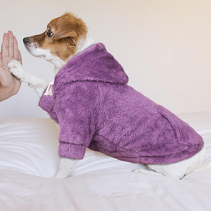 Dog Sweaters,Dog Hoodie,Warm Fuzzy Fleece Sweatshirt with Hood & Pocket,Leash Hole,Cozy Cold Weather Pet Clothes Pet Sweater for Small,Medium,and Large Dogs(Purple,M)