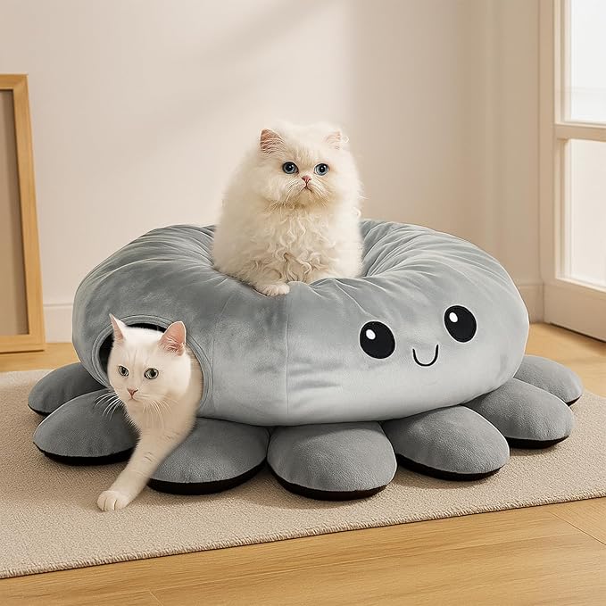 Cat Tunnel Bed for Indoor Cats, Peekaboo Cat Cave Bed,Soft Cat Donut Tunnel for Kitten Large Cats, Cute Grey Octopus Shaped
