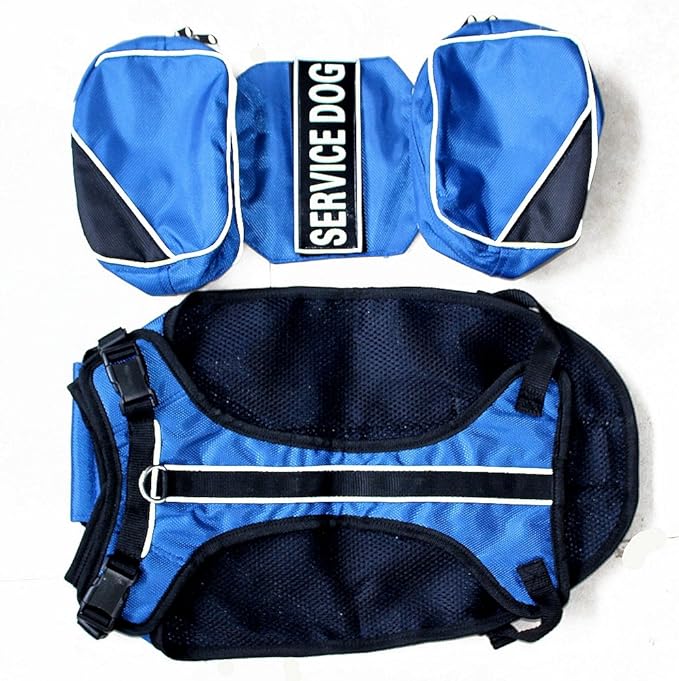Service Dog Harness, Saddle Bag Backpack Carrier Outdoor Travel Hiking Camping Harness, Removable Saddle Bags and Patches (Blue, M Girth 20-24")