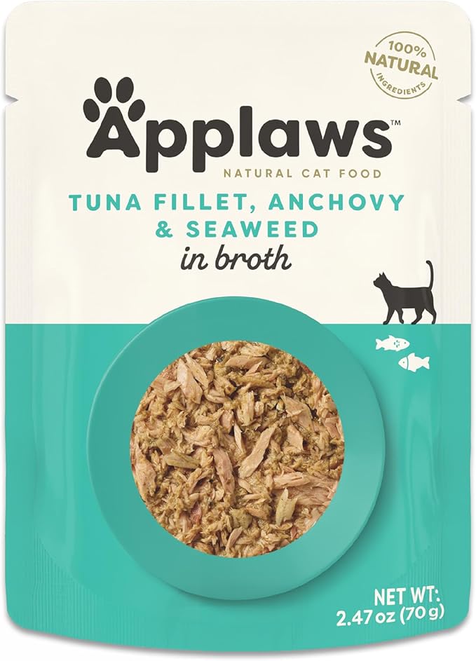 Applaws Natural Wet Cat Food in Broth, Limited and Natural Ingredients, High Protein with No Artificial Additives, Tuna Fillet, Anchovy & Seaweed in Broth (12 x 2.47oz Pouches)