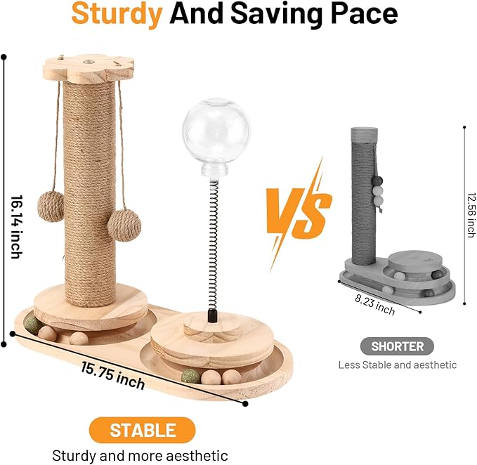 Sisal Scratching Post for Cat Kitten Small Cat Scratcher with Cat Food Feeder,Interactive Toy,Hanging Ball,Wooden 2 Level Track