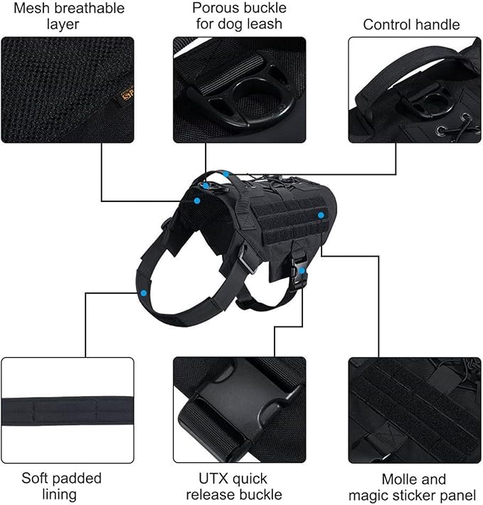 EXCELLENT ELITE SPANKER Dog Harness Tactical Military Dog Harness Adjustable No-Pull Dog Harness Training Hunting Dog Tactical Vest with Handle(BLK-L)