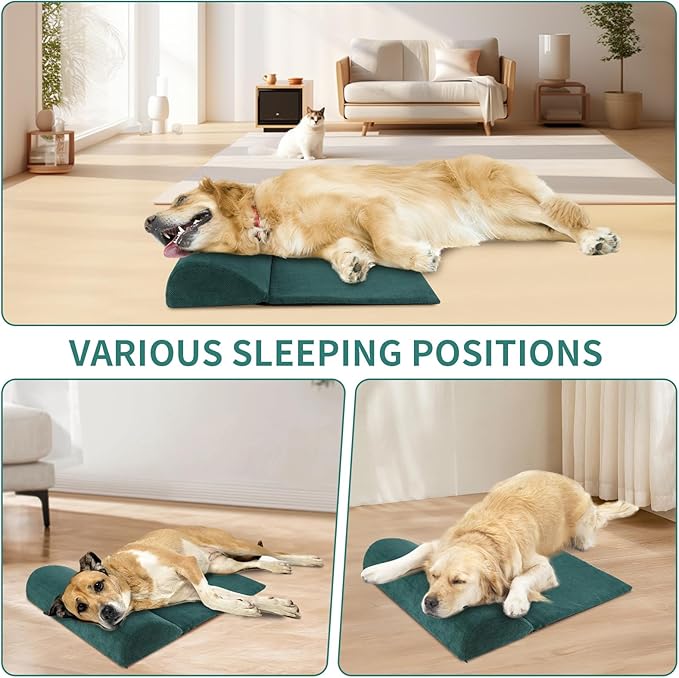 Dog Cat Bolster Pillow with High Resilience Foam, Headrest for Large Dogs, Benefit for Cervical Vertebra and Neck, Easy to Carry, Machine Washable Cover&Easy to Clean(Green)