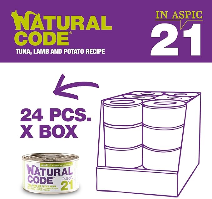 Natural Code Limited Ingredient Wet Cat Food Topper, High Protein, Low Fat, Additive-Free, Non-GMO, No Artificial Colors or Flavors, Tuna, Lamb & Potato in Aspic for Adult Cats, 24 Pack of 3oz Cans