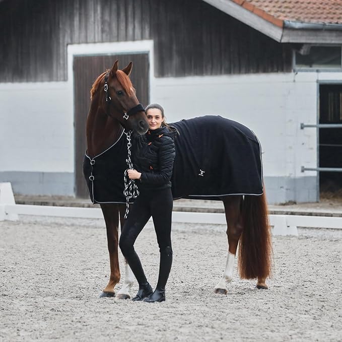 HORZE Kiel Fleece Horse Cooler Blanket | Quick-Dry Fleece Horse Cooler Sheet with X-Surcingles & Tail Cord - Black - 72 in