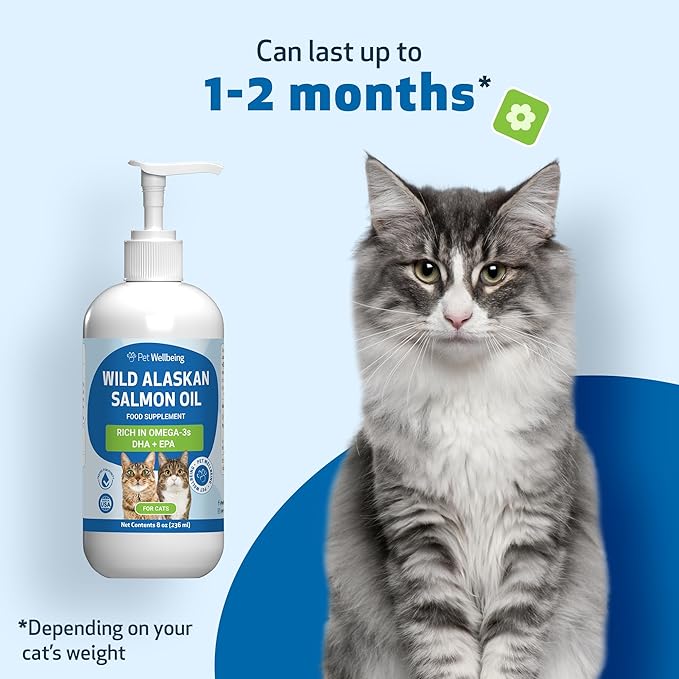 Pet Wellbeing Wild Alaskan Salmon Oil Cats - Omega-3 EPA & DHA Skin, Coat, Joint & Heart Health - NASC Certified & Vet-Formulated - 8oz Pump Bottle