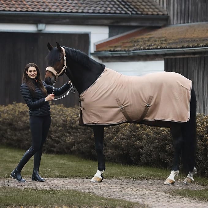 HORZE Kiel Fleece Horse Cooler Blanket | Quick-Dry Fleece Horse Cooler Sheet with X-Surcingles & Tail Cord - Tan - 81 in