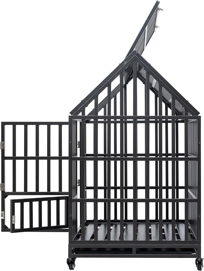 Goohome 47.24 Inch Heavy Duty Dog Crate Cage Kennel with Wheels, High Anxiety Indestructible, Sturdy Locks Design, Extra Large Crate Indoor for Large Dog with Roof & Window on Roof