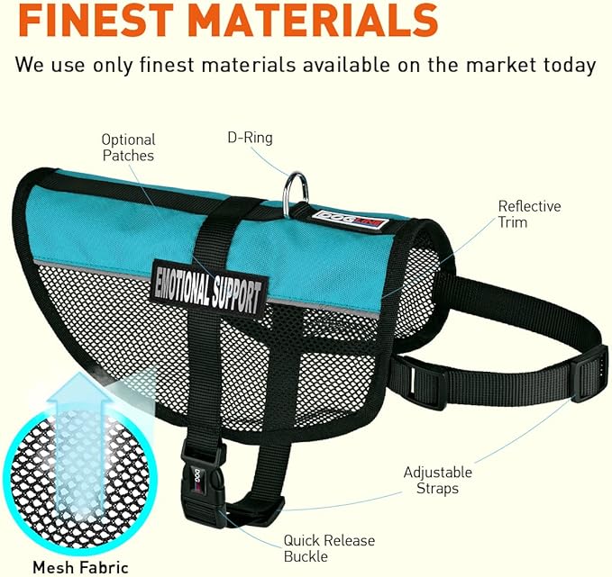 Dogline 17"-21" MaxAire Mesh Vest for Dogs and 2 Removable Emotional Support Patches, Medium, Turquoise