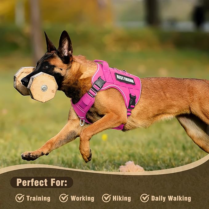 Tactical Dog Harness for Large Dogs,No Pull Military Dog Vest with Handle,Reflective Heavy Duty Pet Harness for Walking Hiking Training Pink L