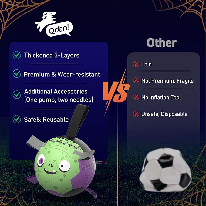 QDAN Dog Toys Ball: Dog Soccer Balls with Straps- Outdoor Herding Balls Toys for Small Medium Dogs- Halloween Puppy Pet Birthday Gifts- 6 Inch Purple Green