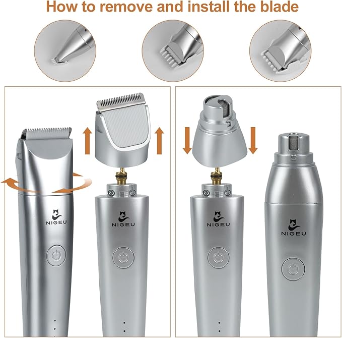 Dog Clippers Grooming Kit Hair Clippers with Nail Grinder Set 4 in 1, Cordless Electric Trimmer- Low Noise Paw Trimmer-USB Rechargeable Quiet Nail Grinder Shaver for Cats and Other Pets (Sliver)
