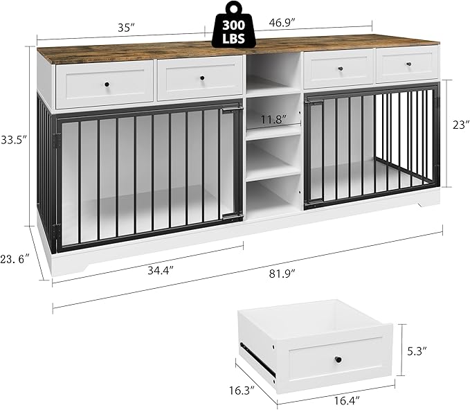 82??Double Dog Crate Furniture, Large Dog Kennel Indoor for 2 Dogs, Heavy Duty Wooden Dog Crate TV Stand with 4 Drawers and Shelves, White