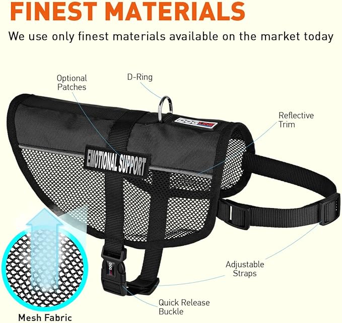 Dogline 17"-21" MaxAire Mesh Vest for Dogs and 2 Removable Emotional Support Patches, Medium, Black