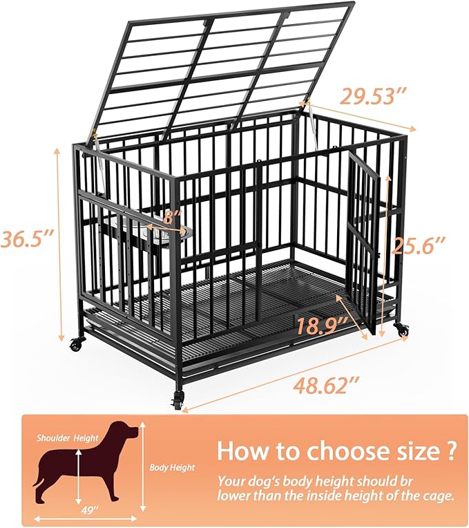 LOVMOR 48" Heavy-Duty Dog Crate with Wheels, Air-Lift Top, Dual 360° Adjustable Bowls ??Ideal for Large Dogs