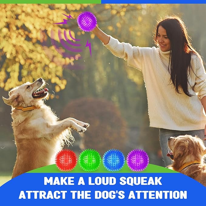 8 Pack 4.5 Heavy Duty Squeaky Dog Balls for Medium Large Dogs Large Spiky Ball Toys for Aggressive Chewers Pet Training Clean Teeth Outdoor, 4 Colors