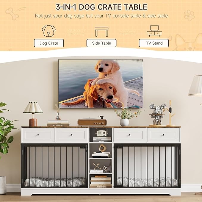 82??Double Dog Crate Furniture, Large Dog Kennel Indoor for 2 Dogs, Heavy Duty Wooden Dog Crate TV Stand with 4 Drawers and Shelves, White