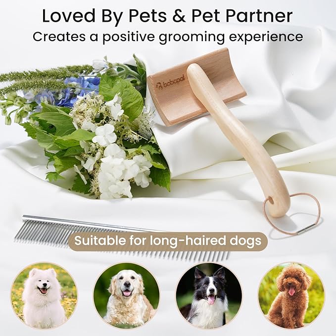 Dog Slicker Brush for Shedding,Dog Brush for Long Haired Dogs & Remove Tangles & Mats,Ergonomic Handle Grooming Like Professional,Beech Wood,M