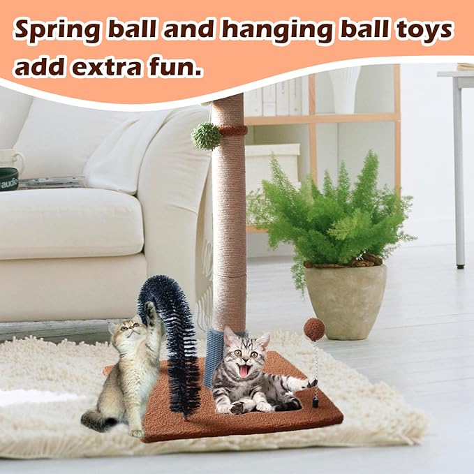 29.5 Inches Tall Cat Scratching Post with Arch Self Groomer Hanging Spring Balls,Brown Palm Sisal Cat Tree Kitty Activity Center for Adults Cats Kitten Indoor Cats