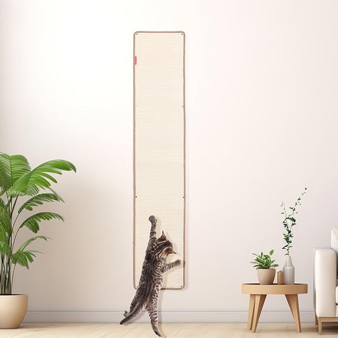 66.93x13.38x0.32 inch Thickened Cat Wall Scratcher Carpet, Cat Climbing Wall, Durable Cat Wall Furniture, Tall Cat Scratching Post, Wall Scratchers for Indoor Cats Sofa Protector (Beige-Velcro Strap)