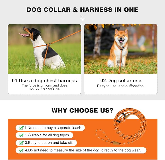 Lynxking No Pull Rope Dog Harness No Pull Reflective Leash Harness Collar 3 in 1 Dog Halter Harnesses Adjustable for Large Giant Dog (Orange, Large 1/2 inch)