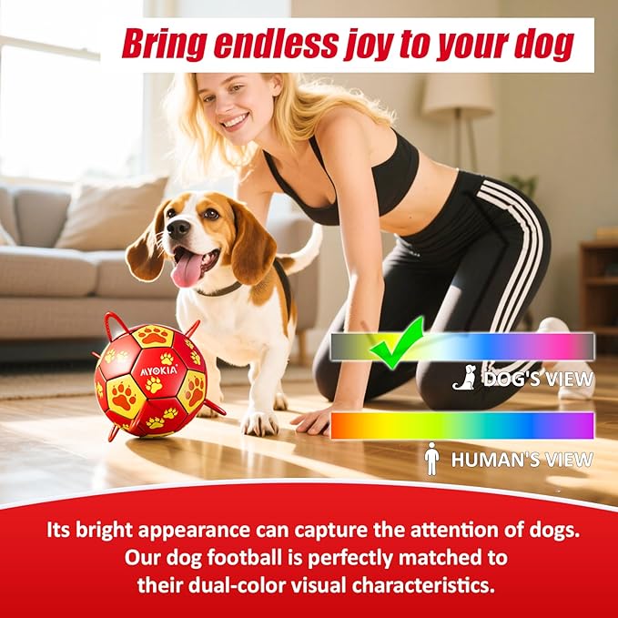 Size 2 Dog Soccer Ball with Straps Durable Training Ball for Pets Interactive Outdoor Dog Toy, Red & Yellow, Paw Prints Design, for Small to Medium Puppies, Pet Supplies