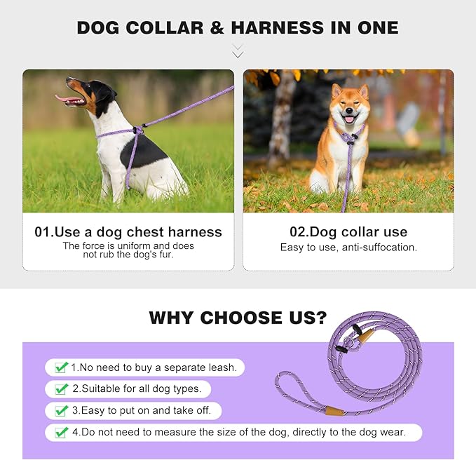 Lynxking No Pull Rope Dog Harness No Pull Reflective Leash Harness Collar 3 in 1 Dog Halter Harnesses Adjustable for Large Giant Dog (Light Purple, Small 3/8 inch)