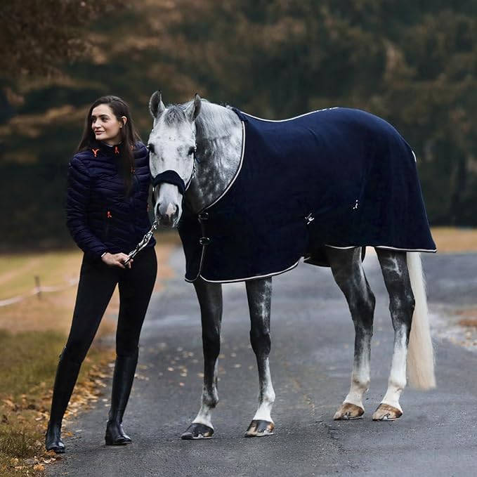 HORZE Kiel Fleece Horse Cooler Blanket | Quick-Dry Fleece Horse Cooler Sheet with X-Surcingles & Tail Cord - Dark Navy - 72 in