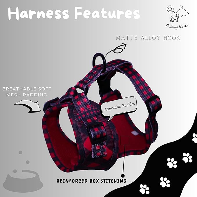 Dog Harness and Leash Set, No Pull Adjustable Soft Padded Vest, No Choke (Large, Red Plaid)