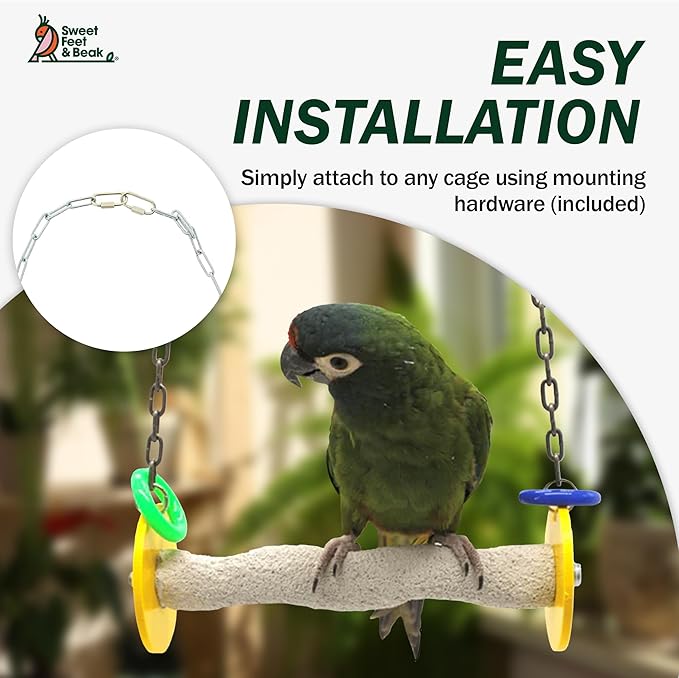 Sweet Feet and Beak Roll Bird Swing - Pumice Perch Bird Toys Trims Nails and Beaks, Safe and Non-Toxic Bird Cage Accessories for Small and Large Birds, Swinging Toys Birds Will Love, Medium 9 Inches