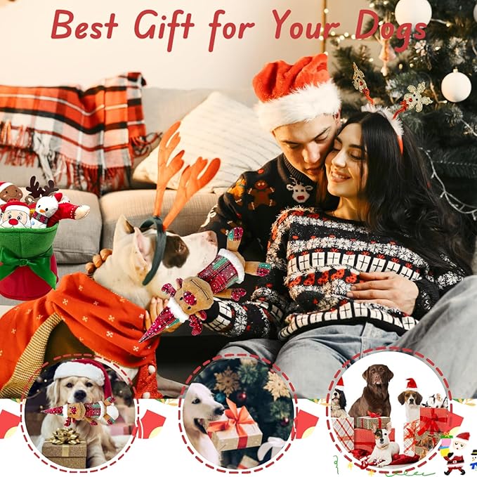 Christmas Dog Squeaky Toys with Crinkle, Xmas Interactive Plush Dog Toys, Dog Enrichment Chew Toys to Keep Them Busy, Dog Toys for Small Medium Large Size, Puppy Toys (Hat Deer)