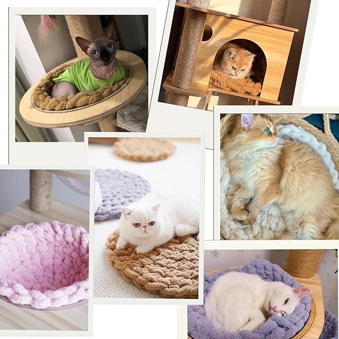 Cat Knitted Bed Mat, Extra-Soft Washable Warm Round Pads Cushions for Indoor Kittens, Cat Trees Towers, Perfect for Kneading and Sleeping (Yellow,Large)