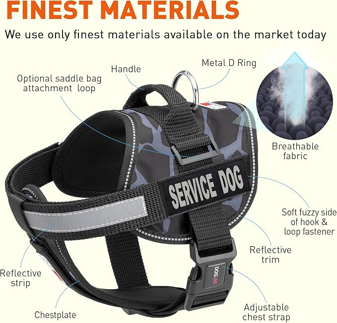 Dogline Unimax Dog Harness Vest with Service Dog Patches Reflective No-Pull, Adjustable Straps, Breathable Neoprene for Medical, Service, Identification and Training Dogs Girth 18 to 25" Giraffe Gray