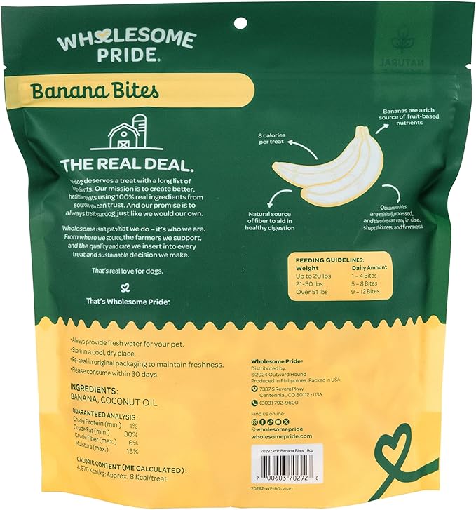 Wholesome Pride Banana Bites Dog Treats, 2 Ingredients – Bananas & Coconut Oil, Grain-Free, 16oz