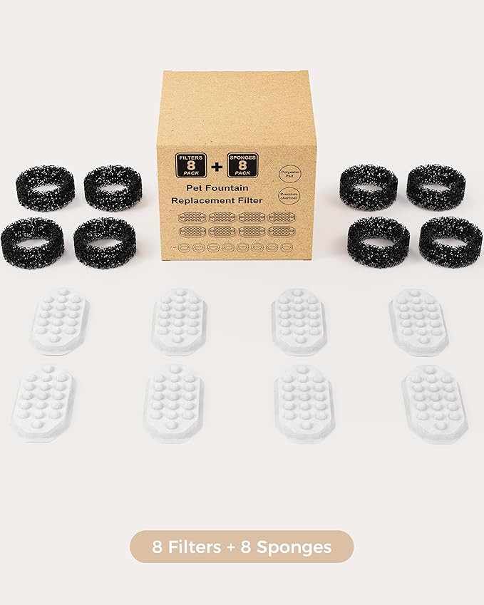 Official 8 Pack Pet Water Fountain Replacement Filters & Pre-Filter Sponges for 108oz/3.2 Stainless Steel Cat Water Fountain