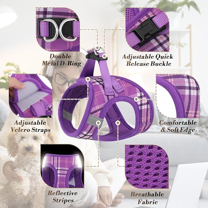 Athena Collection Step-in Dog Harness with 5 ft Leash, Small to Medium Dog Harness Leash Set Medium No Pull Dog Vest Harness with Reflective Strips Adjustable Velcro, Easy Walk Puppy Harness, Purple