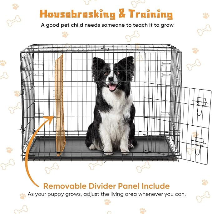 DUMOS Dog Crate, 48 Inch Extra Large Double Door Dog Cage with Divider Panel and Plastic Leak-Proof Pan Tray, Folding Metal Wire Pet Kennel for Indoor, Outdoor, Travel
