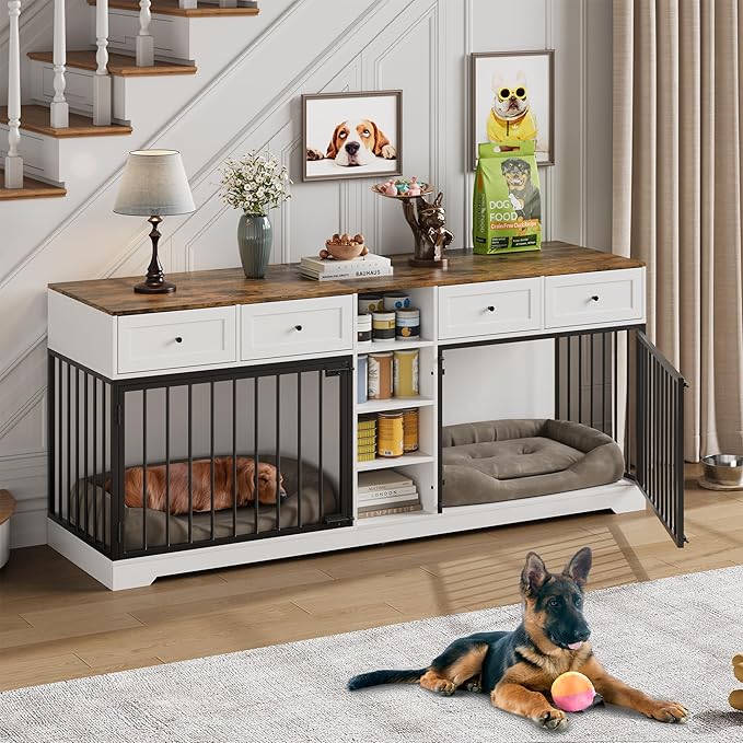 82??Double Dog Crate Furniture, Large Dog Kennel Indoor for 2 Dogs, Heavy Duty Wooden Dog Crate TV Stand with 4 Drawers and Shelves, White