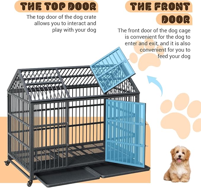 Heavy Duty Dog Crate, 52 Inch Dog Crate with Double Door, 360° Lockable Wheels and Removable Tray, Easy to Assembly,Indoor Dog Cage for Small Medium Large Dogs