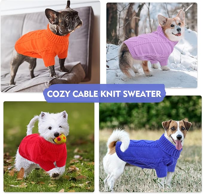 Queenmore Small Dog Pullover Sweater, Cold Weather Cable Knitwear, Classic Turtleneck Thick Warm Clothes for Chihuahua, Bulldog, Dachshund, Pug (Lilac, Medium)