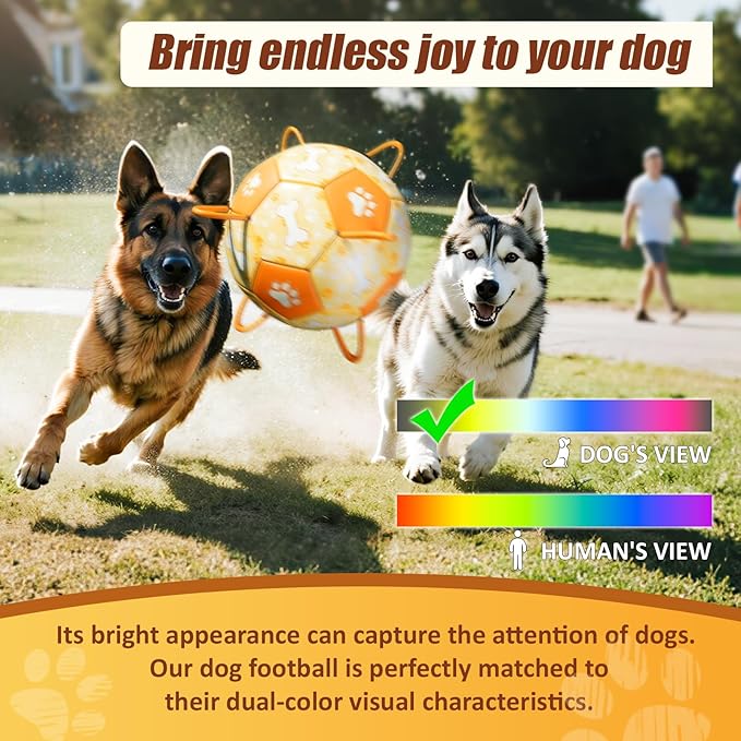 Size 2 Dog Soccer Ball with Straps Durable Training Ball for Pets Interactive Outdoor Dog Toy, Orange & Yellow, Eye-Catching Paw and Bones Design, for Small & Medium Puppie