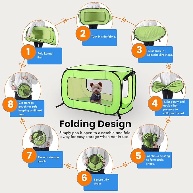 Beatrice Home Fashions Portable, Collapsible, Pop Up Kennel Travel Cat and Dog Crate, 36" L x 22" W x 22" H, Green