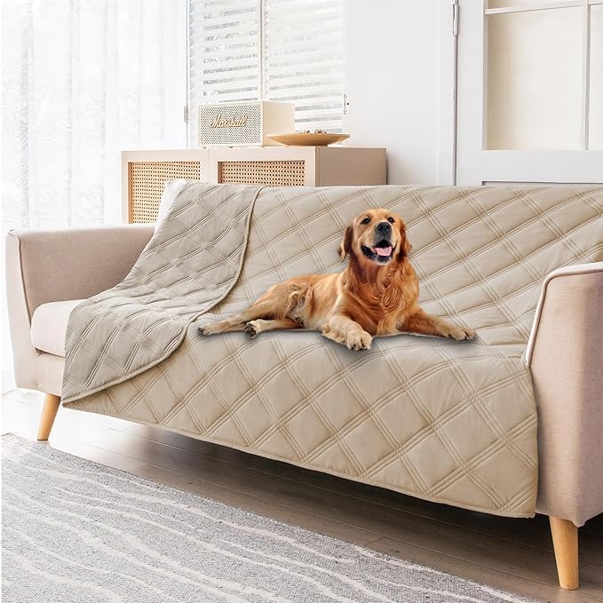 fuguitex Waterproof Dog Blanket Reversible for Small Dogs Resistant Leakproof Washable Couch Cushion Bed Protector Cover for Indoor Furniture Pet Friendly(82"*102",Beige+Khaki