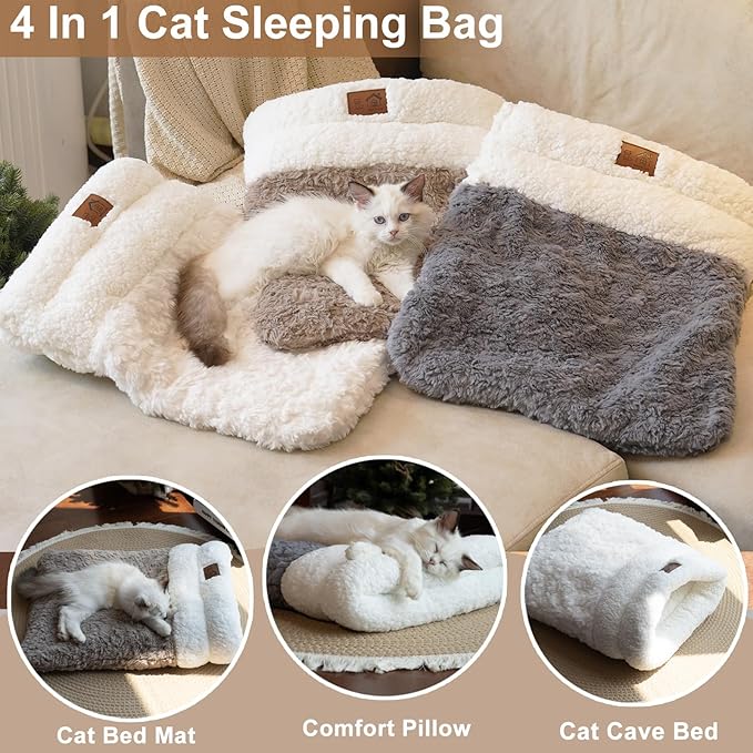 Cat Sleeping Bag 4 in 1 Cute Self Warming Cat Bed Cave with Plush Portable Snuggle Sack/Hideway for Indoor Cats & Small Pets Coffee 21×17 Inch
