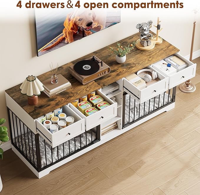 82??Double Dog Crate Furniture, Large Dog Kennel Indoor for 2 Dogs, Heavy Duty Wooden Dog Crate TV Stand with 4 Drawers and Shelves, White