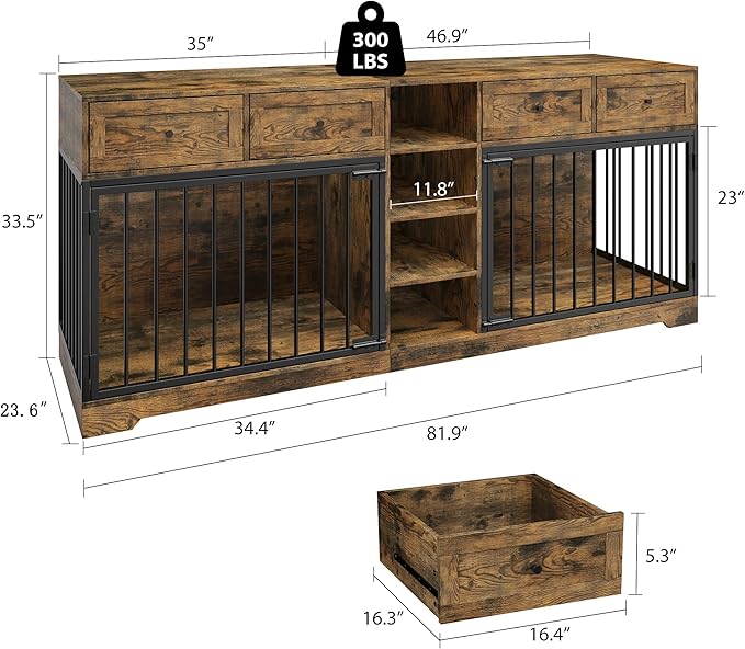 82??Double Dog Crate Furniture, Large Dog Kennel Indoor for 2 Dogs, Heavy Duty Wooden Dog Crate TV Stand with 4 Drawers and Shelves, Brown